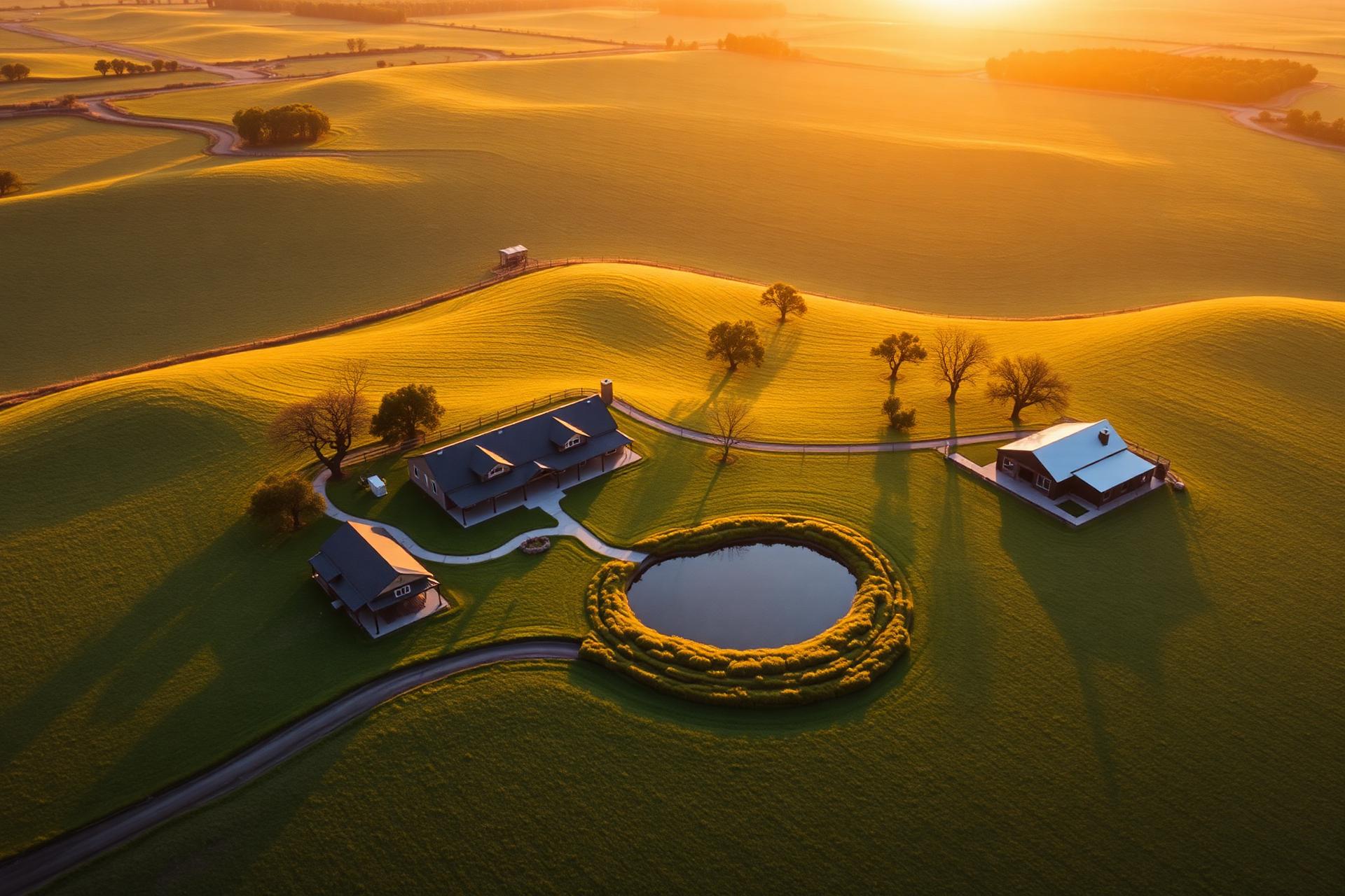 Aerial view of Foxglade Ranch at golden hour